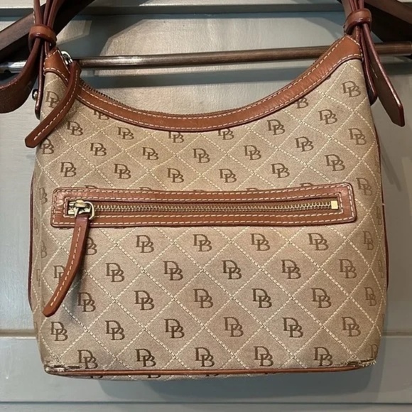 Dooney & Bourke Shoulder Bag Monogrammed Canvas Leather Trimmed Brown Tan - Picture 2 of 14